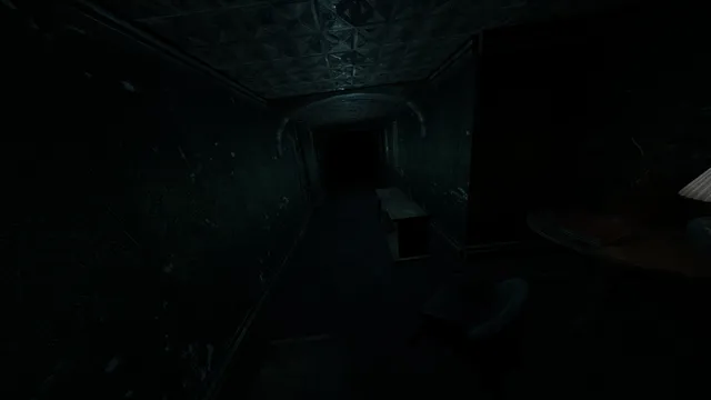 A dark wallpapered corridor leading into blackness
