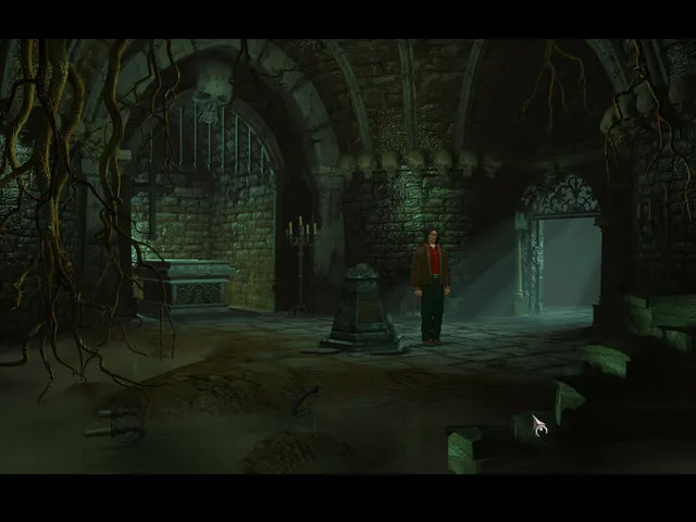 The Black Mirror screenshot: Samuel in a dim green-lit crypt with a stone tomb and roots hanging from the arches