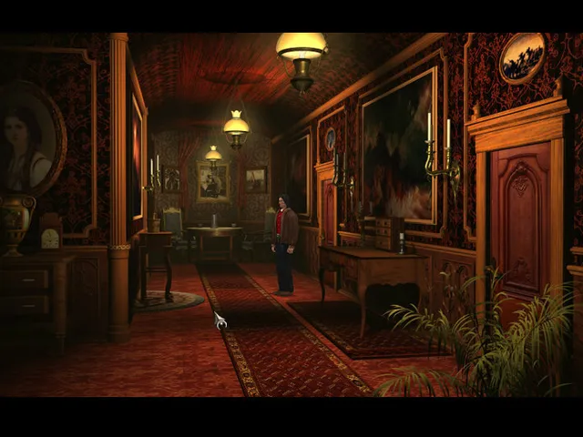The Black Mirror screenshot: Samuel stands in a lamp-lit castle corridor of red carpet, portraits and dark wood panelling