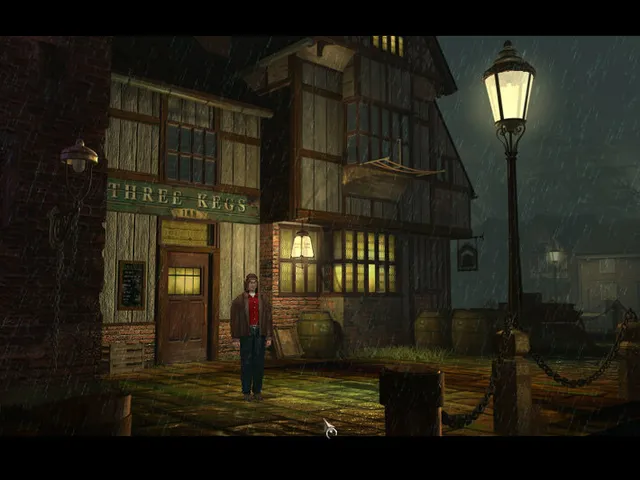 The Black Mirror screenshot: Samuel outside the Three Kegs pub on a rainy village street at night