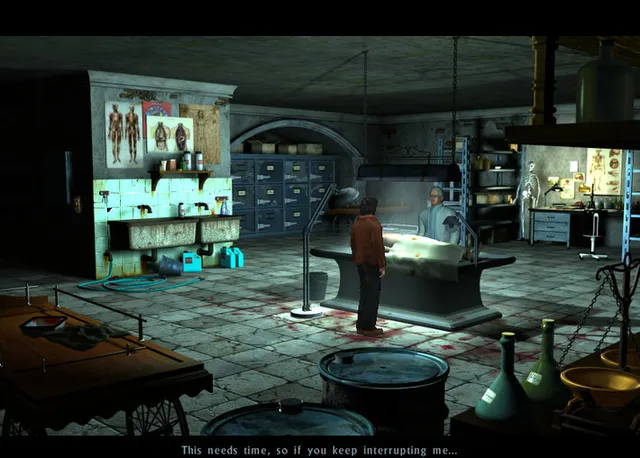The Black Mirror screenshot: Samuel beside a covered body on a table in a blood-stained morgue as a doctor works