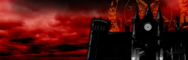 The Black Mirror key art: the black silhouette of a gothic castle with a lit clock face against a blood-red sky