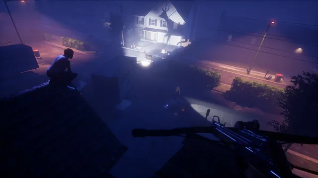 A teenager crouches on a rooftop above a foggy street of houses, a grappling hook in the foreground