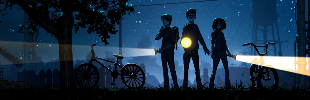 The Blackout Club key art: three teenagers with flashlights stand by their bikes under a starry night sky, a water tower behind them