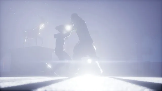 Two dark figures struggle in blinding white light next to a deer statue