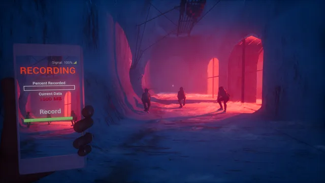 A phone records sleepwalkers crouching in a red-lit underground tunnel