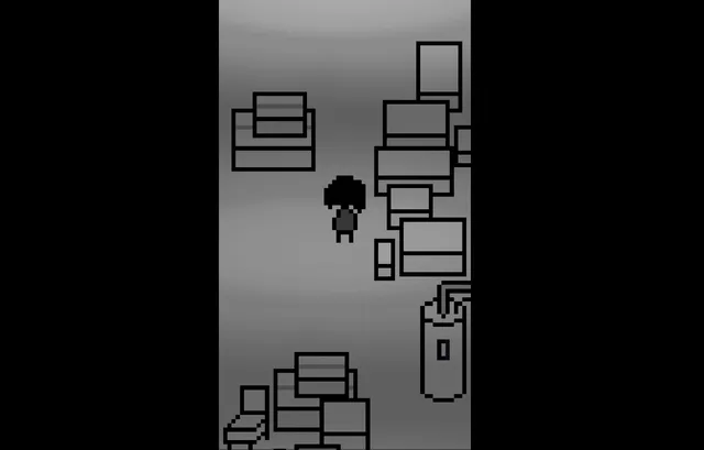 The Body Monstrous screenshot: a small dark-haired figure in a grey room cluttered with boxes, seen from above in black-and-white pixel art