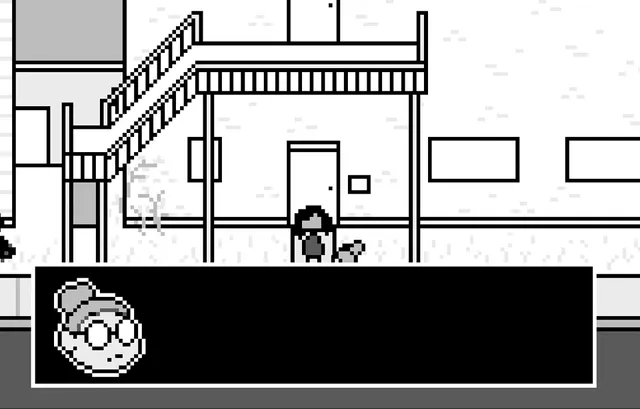 The Body Monstrous screenshot: the figure outside a two-storey house in white pixel art while an elderly neighbour with glasses speaks