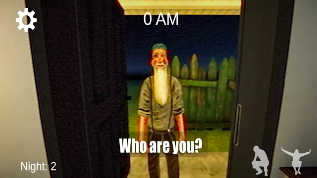 The Boiled One screenshot: an old bearded man in suspenders at the open front door at night, captioned Who are you?, on Night 2