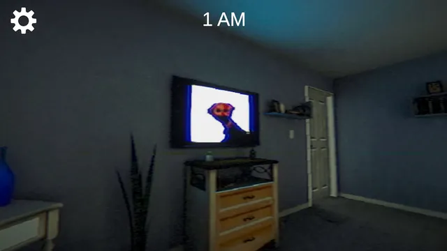 The Boiled One screenshot: a dim bedroom at 1 AM where a television shows the red-headed entity