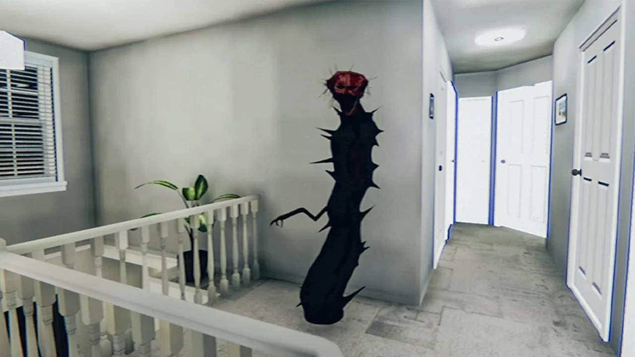 The Boiled One screenshot: a tall, dark, spiny figure with a red head stands in an upstairs hall by the banister