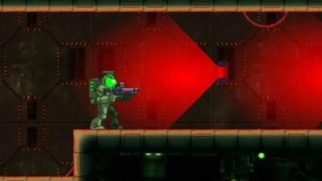 The Breach: a green-armoured soldier with a rifle stands in a starship corridor lit by a red warning light