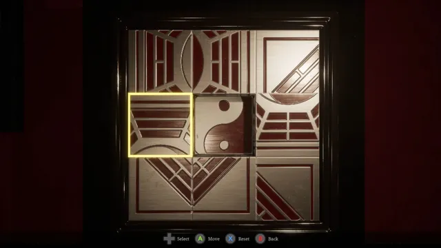 A sliding tile puzzle with a yin-yang symbol set into a red wall