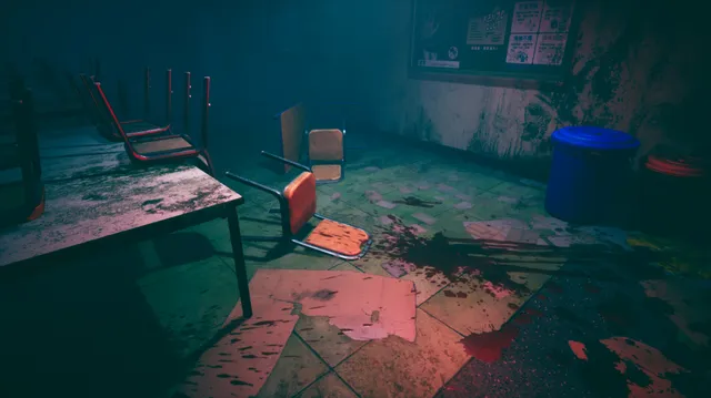 An overturned classroom with toppled chairs and blood smeared across the tiled floor