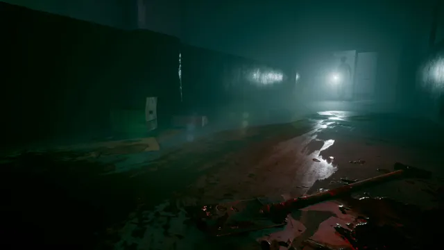 A flooded, green-lit university corridor with debris on the wet floor