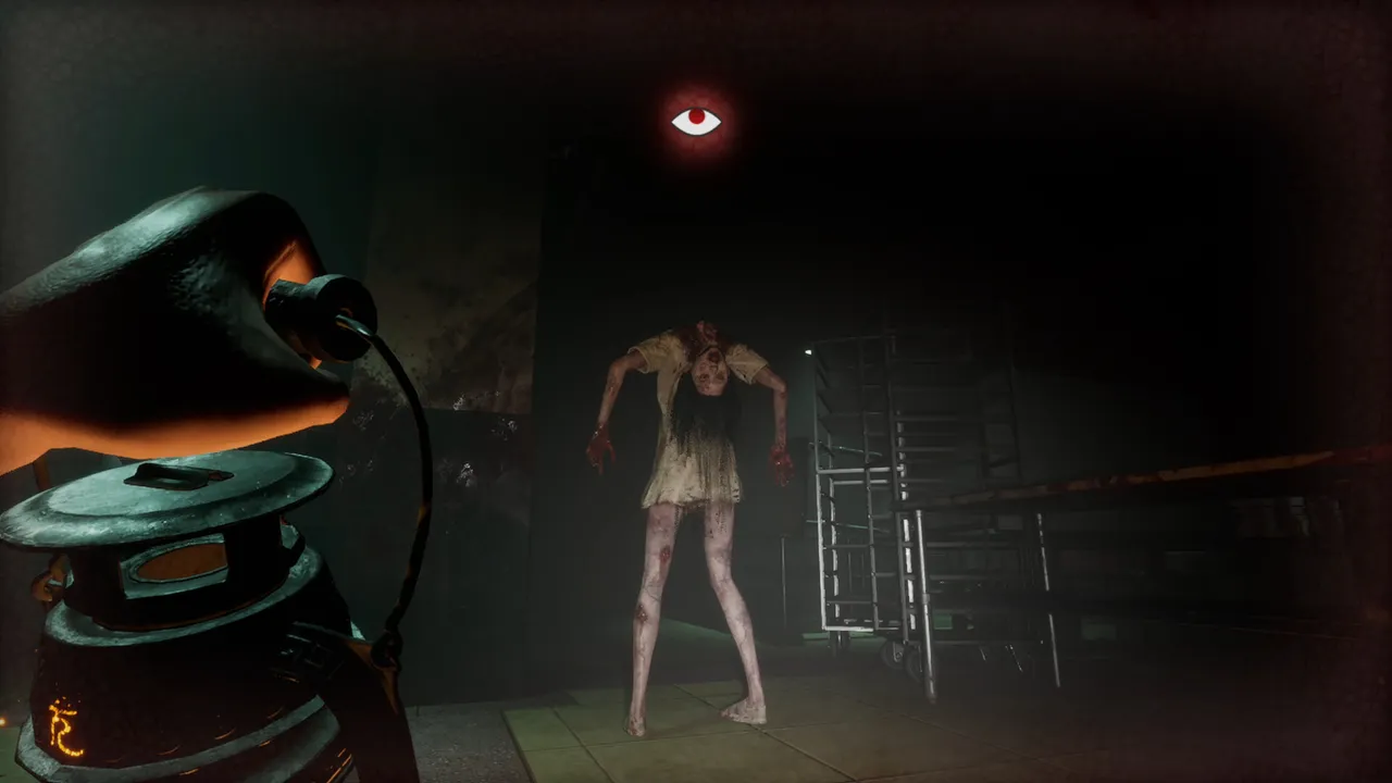 A pale, long-limbed ghost in a white dress stands in a dark storeroom beside a lit lantern