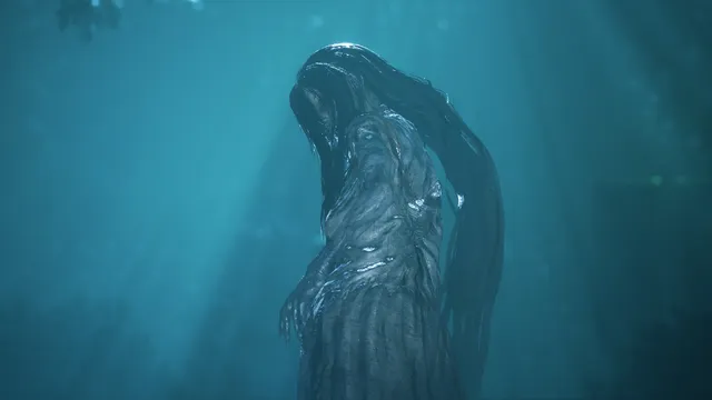 The ghost in a ragged dress stands bent over in a blue haze