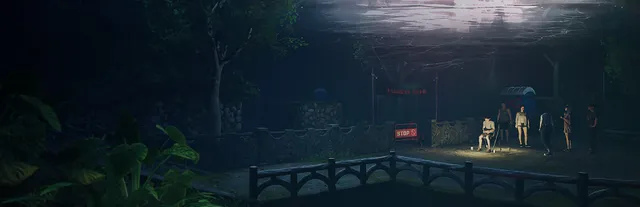 The Bridge Curse: Road to Salvation key art: six students gathered by a stone bridge railing on a dark campus at night