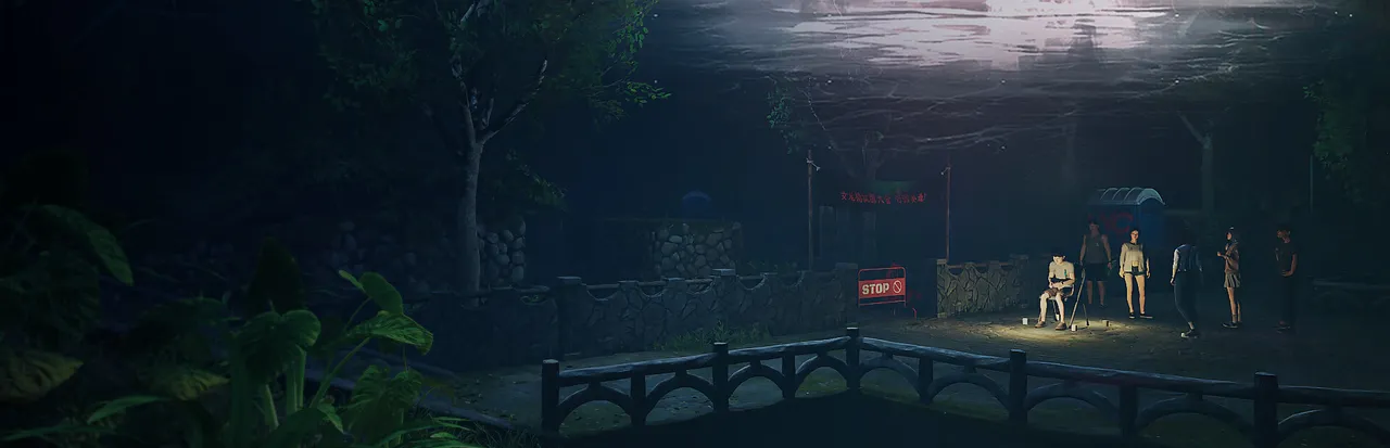 The Bridge Curse: Road to Salvation key art: six students gathered by a stone bridge railing on a dark campus at night
