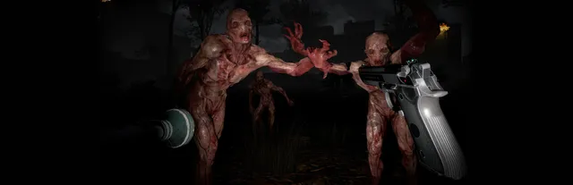 Flayed, bloody creatures reach for the player, who aims a silver pistol and holds a flashlight in a dark park