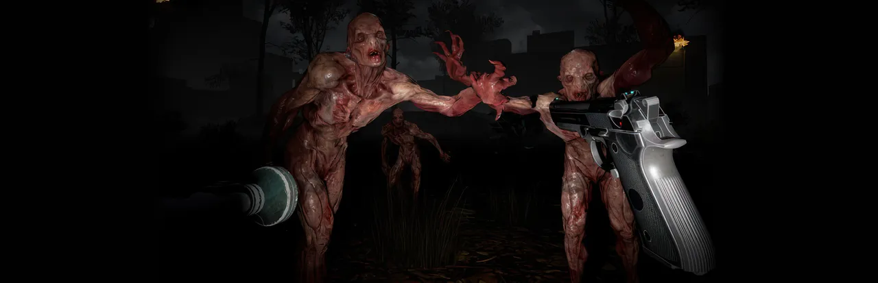 Flayed, bloody creatures reach for the player, who aims a silver pistol and holds a flashlight in a dark park