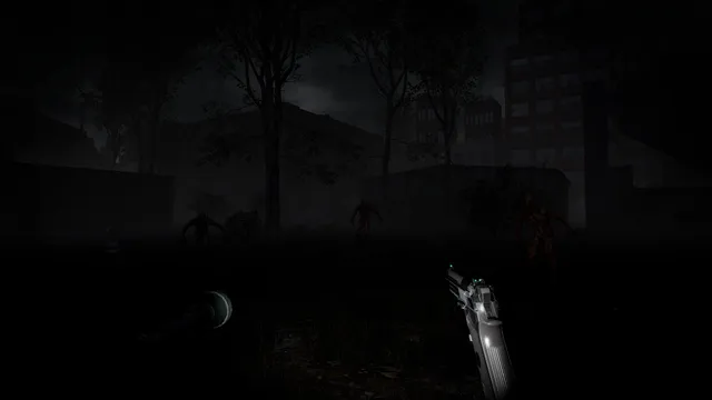 Creatures emerge from a dark city park toward the player's pistol and flashlight