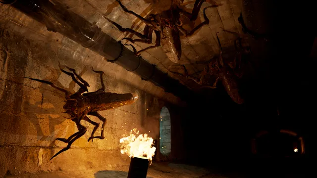Giant insect-like creatures crawl over the walls and ceiling of a tunnel lit by a fire barrel