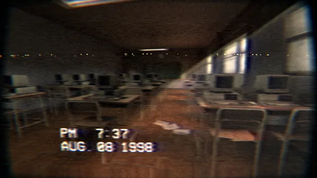 The Building 71 Incident screenshot: a computer room with rows of old monitors, seen through a VHS camcorder at 7:37 PM