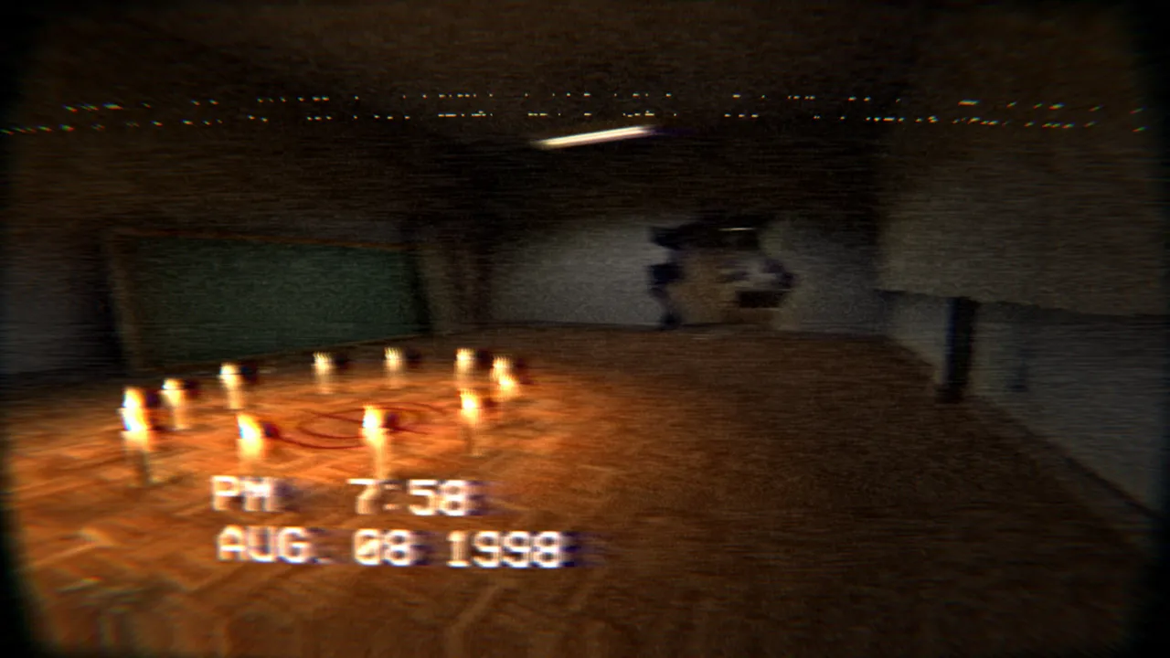 The Building 71 Incident screenshot: a ring of lit candles on the floor of a dark room, with a VHS stamp of PM 7:58 AUG 08 1998