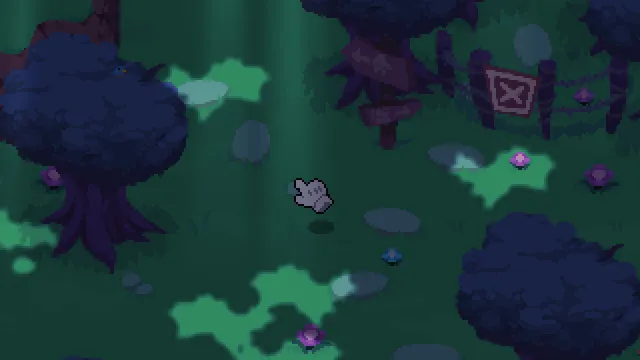 The Bunny Graveyard: Skye, a grey-green bunny in overalls, standing among sunflowers in pixel art