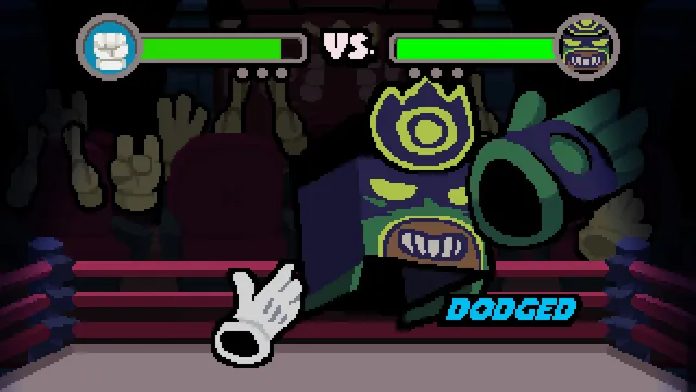 The Bunny Graveyard: a boxing match between the white-gloved hand and a masked fighter in an underground ring