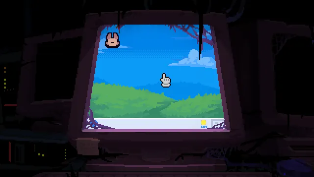 The Bunny Graveyard: an old computer monitor showing a sunny pixel landscape, a bunny icon and a gloved cursor, wrapped in dark cables