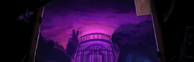 The Bunny Graveyard art: a cemetery gate under a purple sky beside a rabbit-eared statue, seen through a cracked frame with a Find Her poster of a bunny