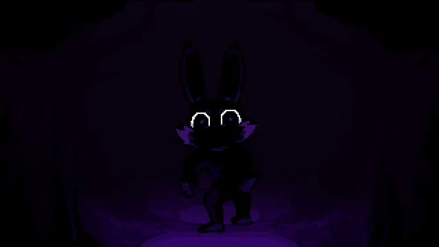 The Bunny Graveyard: a black rabbit-eared figure with wide white eyes standing in purple darkness