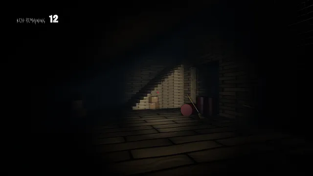 A dim cellar with a brick staircase, boxes and barrels