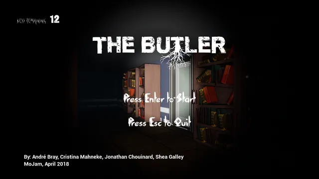 The Butler title screen over a dark library, with Keys Remaining 12 and MoJam, April 2018 credits