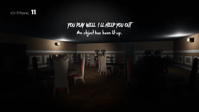 A dark dining room of tall-backed chairs as the butler says You play well, I'll help you out, and an object is lit up