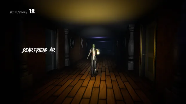 The butler, a green-faced figure in a tailcoat holding a lantern, walks toward you down a dark wooden-floored corridor