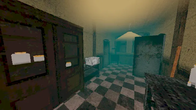 The Butterfly screenshot: a kitchen with a checkered floor and a fridge under a single lamp