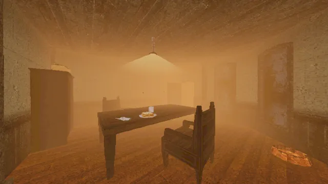 The Butterfly screenshot: a low-poly dining room in hazy orange light, with a plate on the table under a hanging lamp