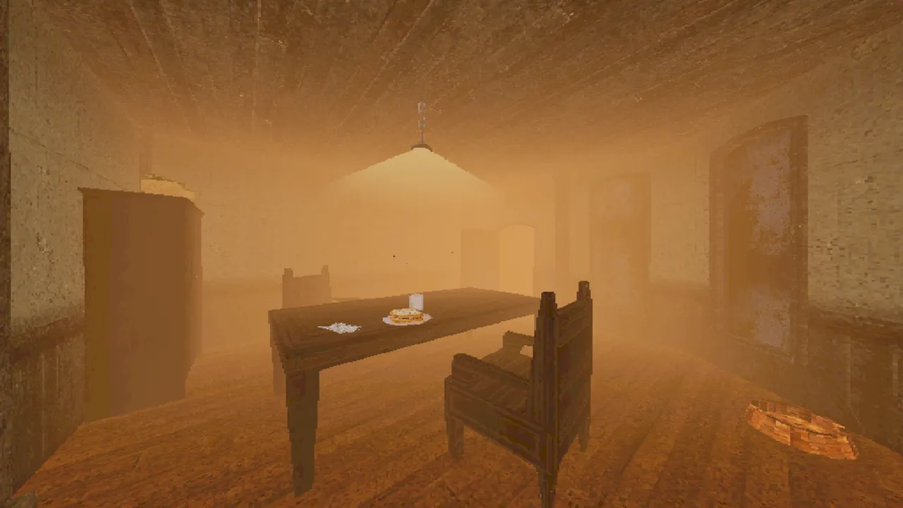 The Butterfly screenshot: a low-poly dining room in hazy orange light, with a plate on the table under a hanging lamp
