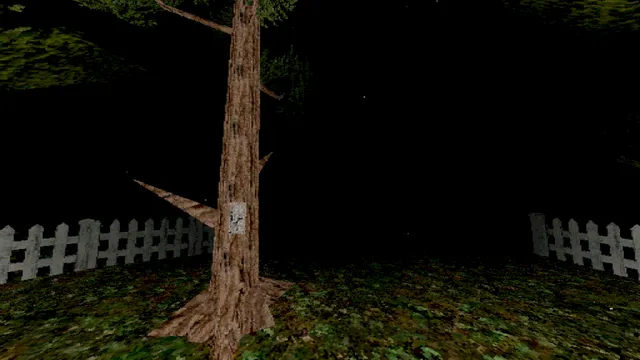 The Butterfly screenshot: a note pinned to a tree beside a white picket fence at night
