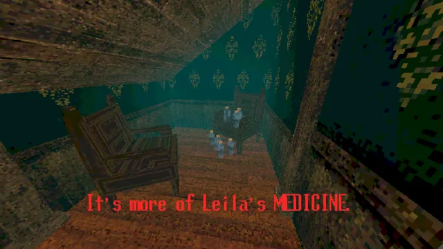 The Butterfly screenshot: a dim room with an armchair and the words It's more of Leila's MEDICINE in red
