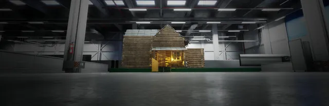 The Cabin Factory key art: a log cabin with a lit window standing on a dark factory floor
