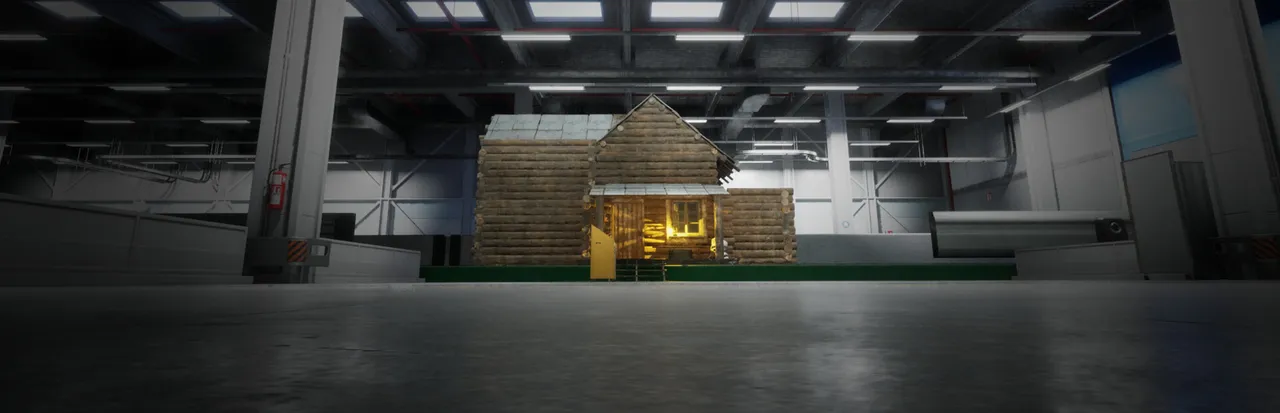 The Cabin Factory key art: a log cabin with a lit window standing on a dark factory floor