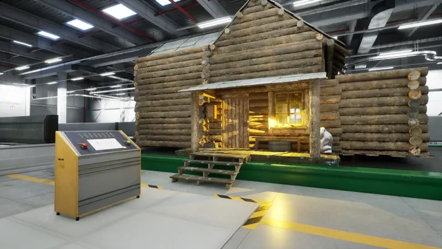 A yellow inspection console in front of a log cabin on a green platform inside a bright warehouse