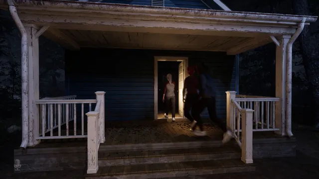 the cabin game screenshot: players run onto the porch of a cabin at night