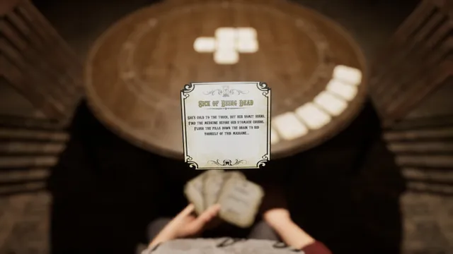 the cabin game screenshot: a card titled Sick of Being Dead held over the table