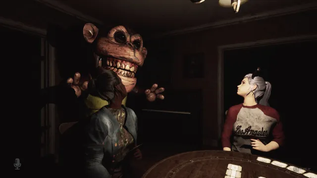 the cabin game screenshot: a huge monkey creature with bared teeth grabs a player in a dark room