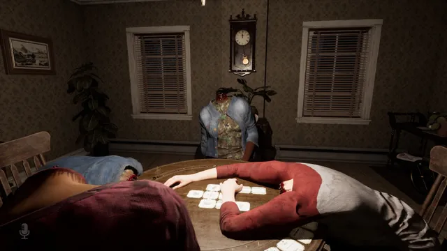 the cabin game screenshot: players slumped headless around the card table in the cabin
